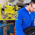 mechanic working on a tire with a diagram
